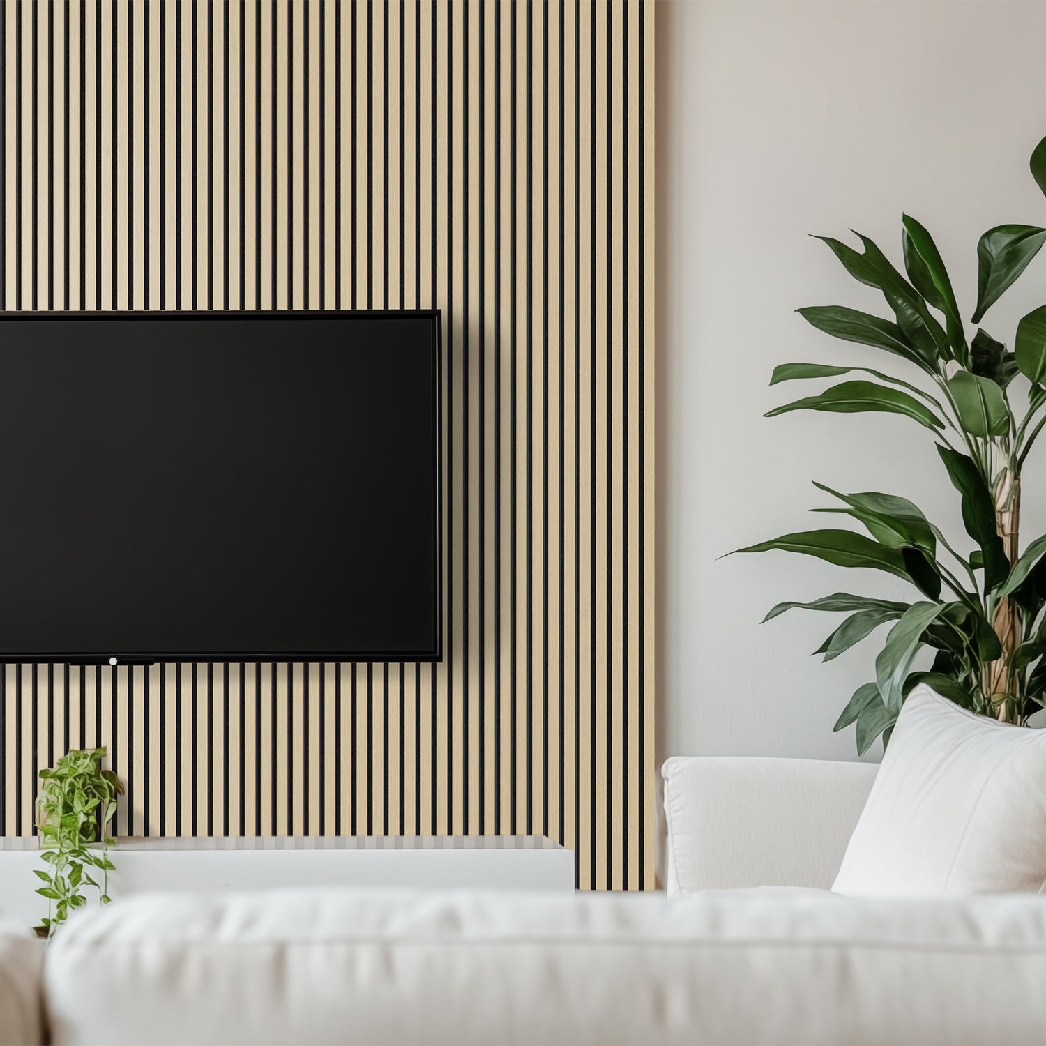 Luxury TV wall featuring natural oak soundproof slat wood wall panels, blending a contemporary aesthetic with enhanced soundproofing for entertainment areas.