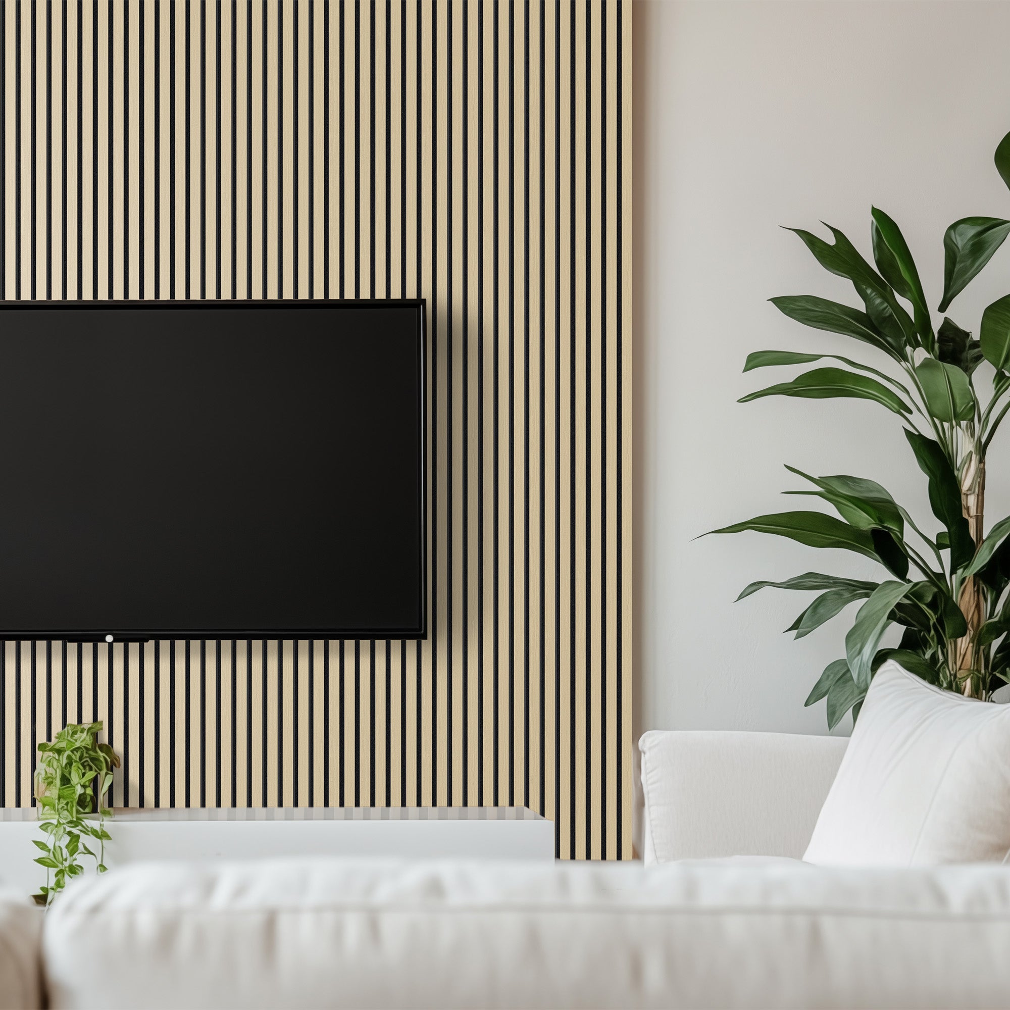 Luxury TV wall featuring natural oak soundproof slat wood wall panels, blending a contemporary aesthetic with enhanced soundproofing for entertainment areas.