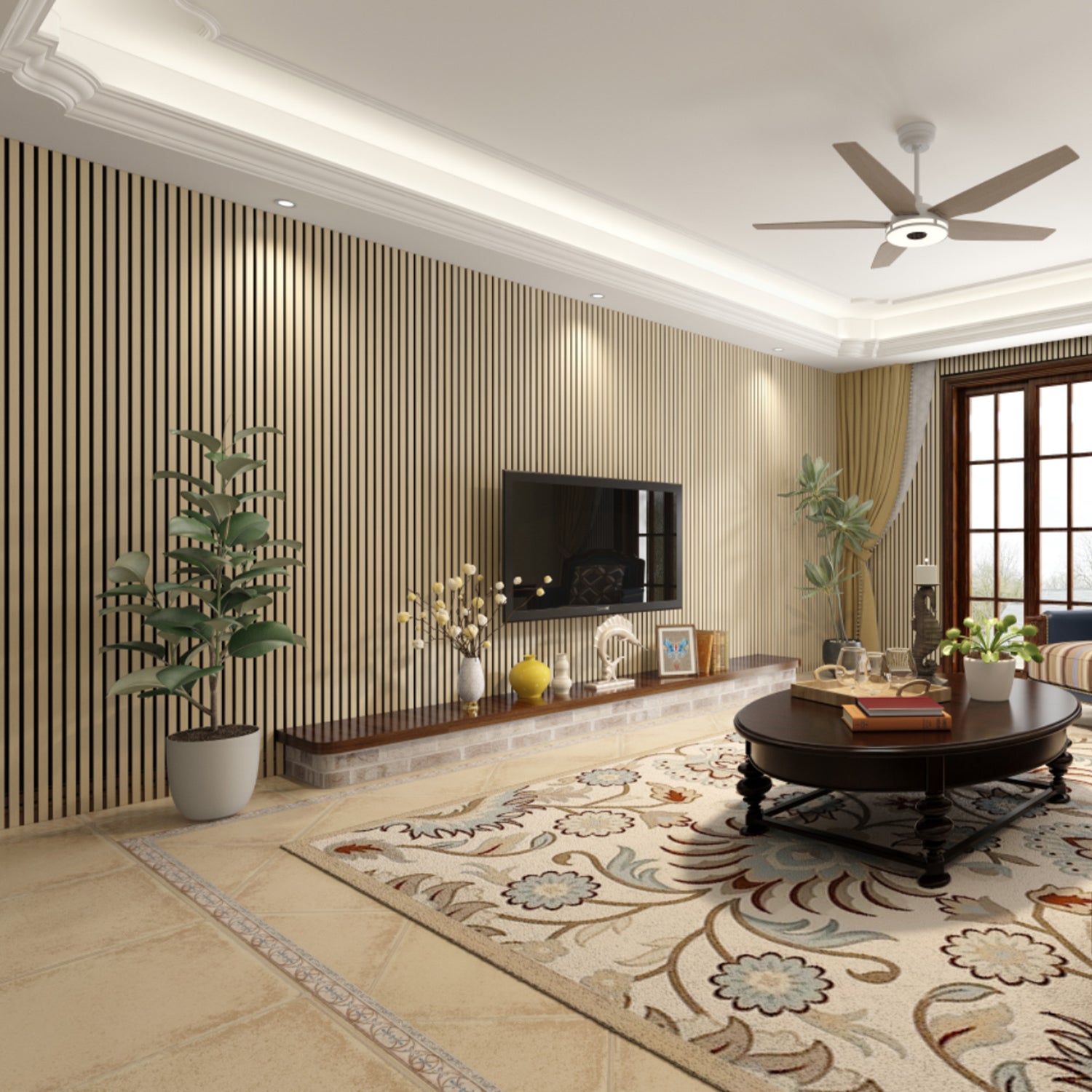 Elegant modern living room featuring natural oak soundproof slat wood wall panels, creating a warm and stylish backdrop.  The space includes a mounted TV, a long wooden shelf with decorative items, a round coffee table with books and plants, and a patterned area rug.  Ceiling fan with wooden blades adds to the room&