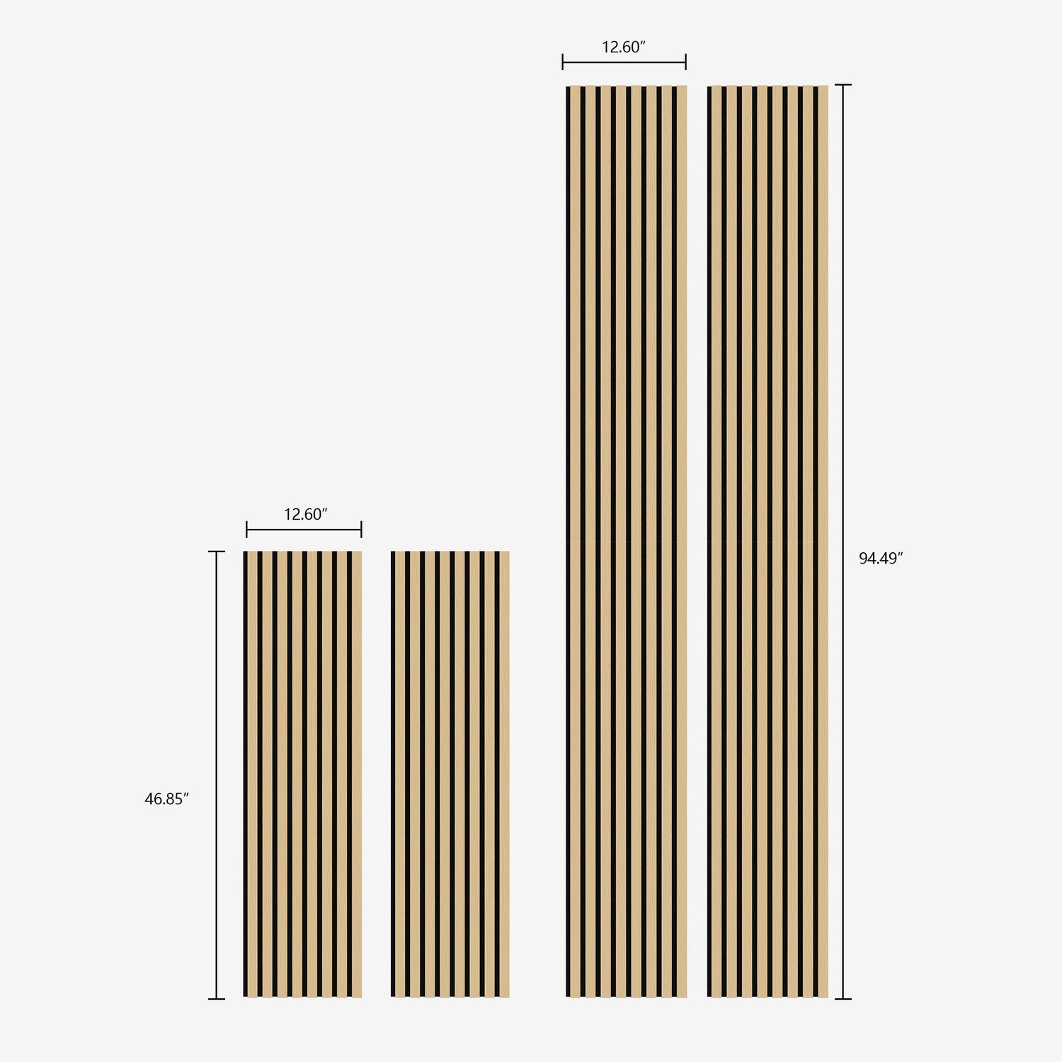 Detailed size chart of natural oak soundproof slat wood wall panels, highlighting dimensions suitable for various modern interior design applications.