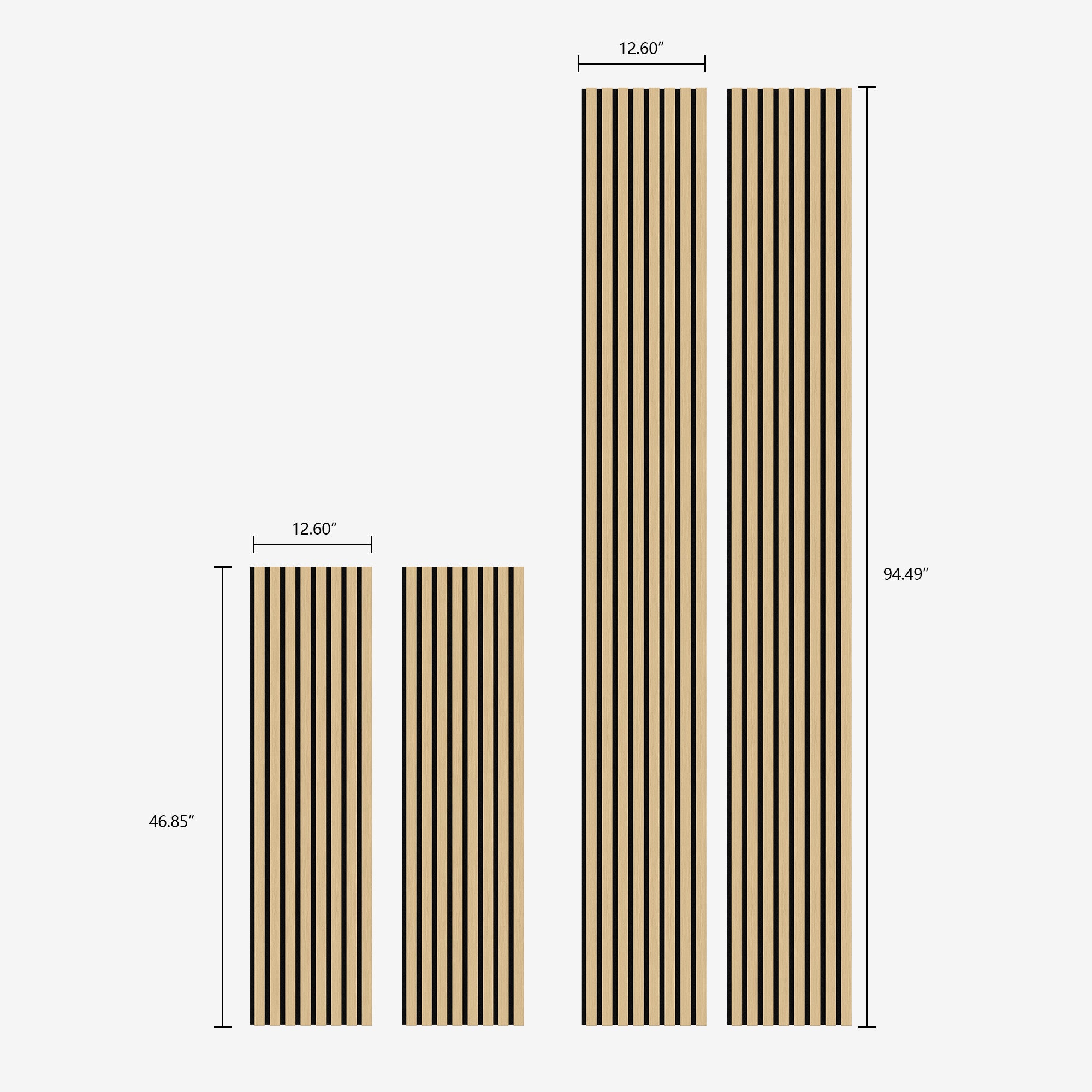 Detailed size chart of natural oak soundproof slat wood wall panels, highlighting dimensions suitable for various modern interior design applications.