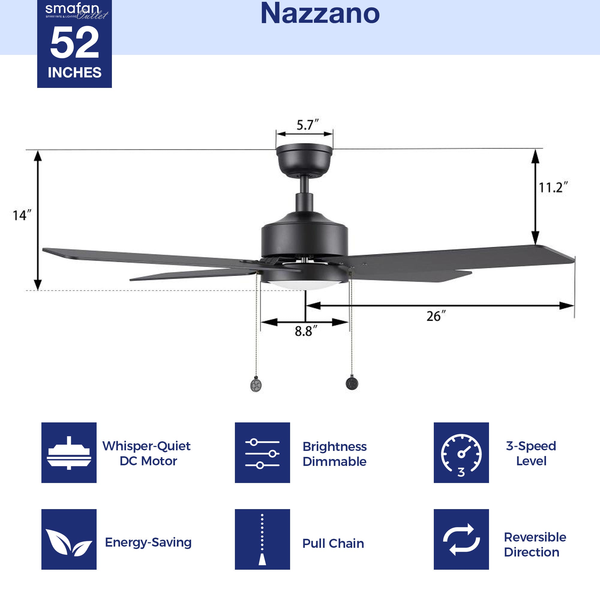 Technical diagram of the Nazzano 52-inch ceiling fan, detailing its features, including the DC motor, energy-saving options, 5-speed levels, and pull chain controls.