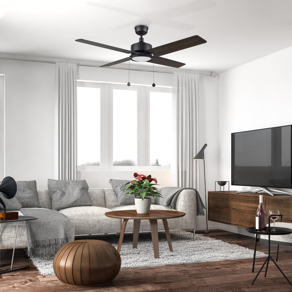 Nazzano 52-inch ceiling fan with LED light in dark wood finish installed in a modern living room with grey cotton linen sofa, wooden furniture and wooden floors.