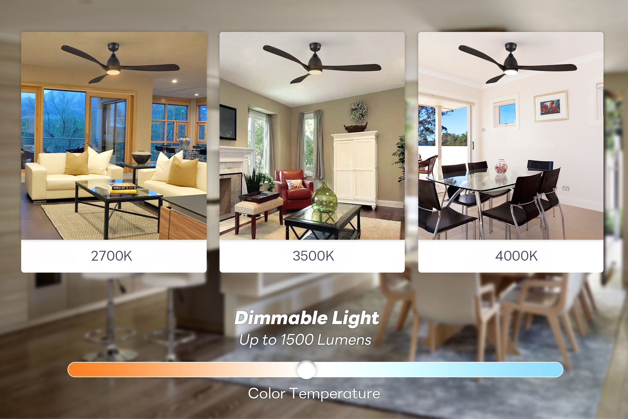 The Nephele black wood ceiling fan mounted in a stylish space, highlighting its dimmable LED light that offers warm and cool tones. The 3-blade design adds a modern yet rustic charm.