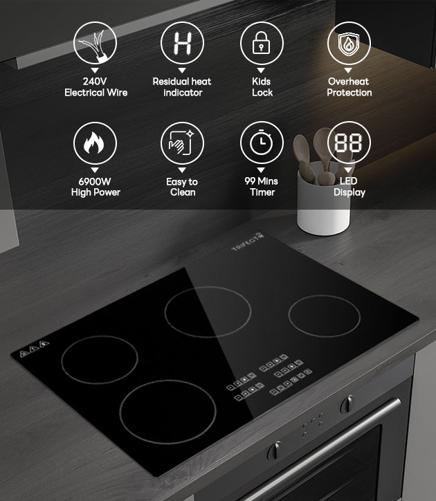 30inch black induction cooktop has child lock, 99-min timer, auto shut-off function, overheating protection, and hot surface indicator.