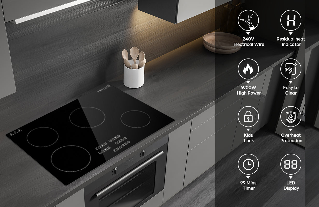 30inch black induction cooktop features with 240V electrical wire, residual heat indicator, 6900W high power setting, kid lock, overheat production, 99min timer and LED display