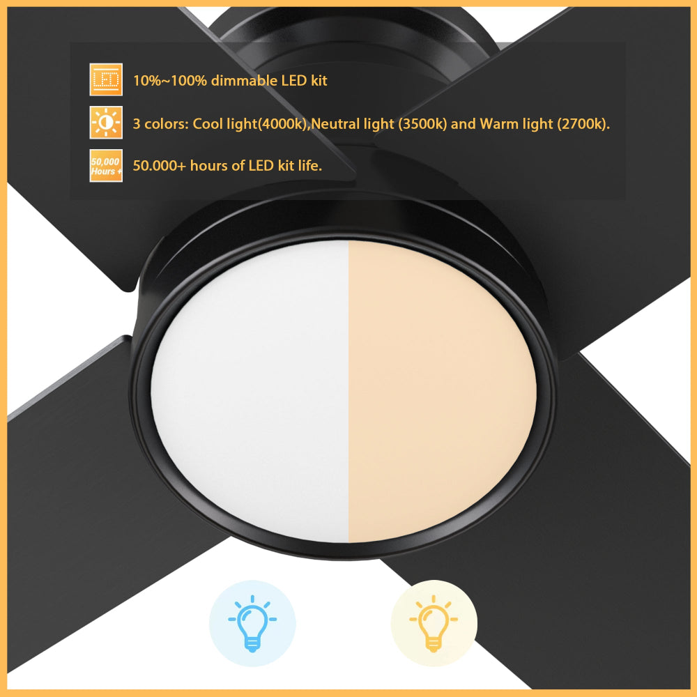 Olinda 52-inch modern black ceiling fan with dimmable LED light kit, showing split display of cool white (4000K) and warm light (2700K) color options, 10%–100% dimmable brightness, and over 50,000 hours LED lifespan.