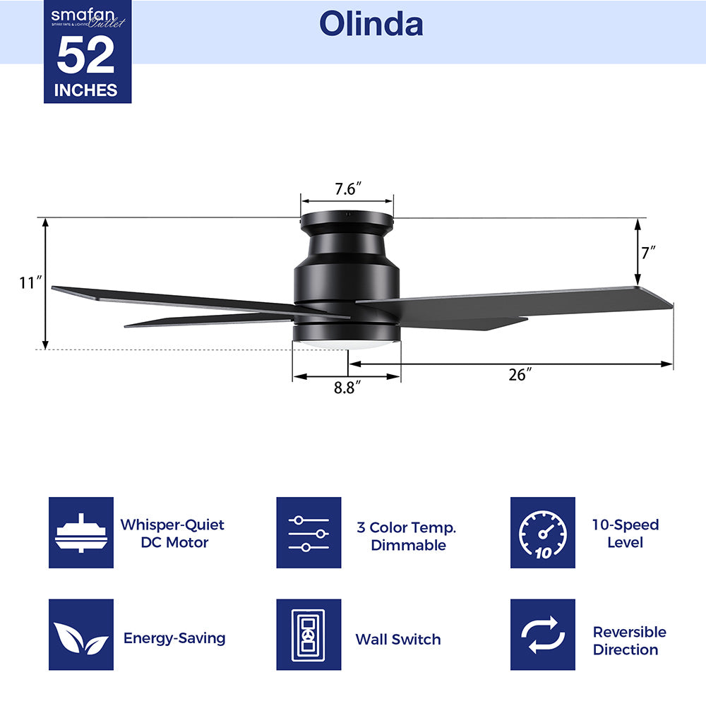 Olinda 52-inch flush mount ceiling fan in matte black with LED light, shown with dimensions and features. The diagram highlights 11-inch total height, 26-inch blade length, 7.6-inch motor housing width, 8.8-inch light width, plus features including whisper-quiet DC motor, 3 color temperature dimmable light, 10-speed levels, energy-saving design, wall switch control, and reversible airflow.