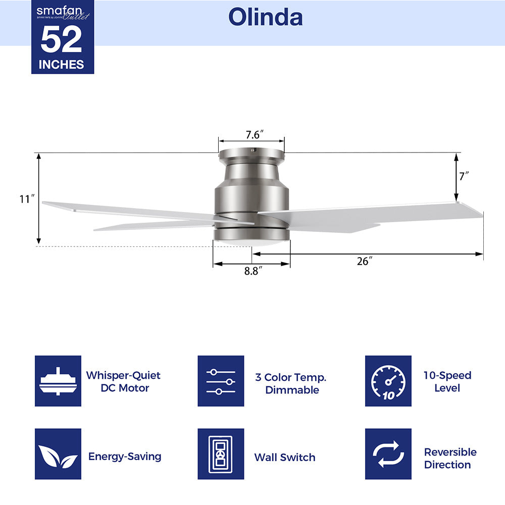 Product specification diagram for the Olinda 52-inch silver flush-mount ceiling fan, showing its dimensions and key features like a whisper-quiet DC motor and reversible direction.