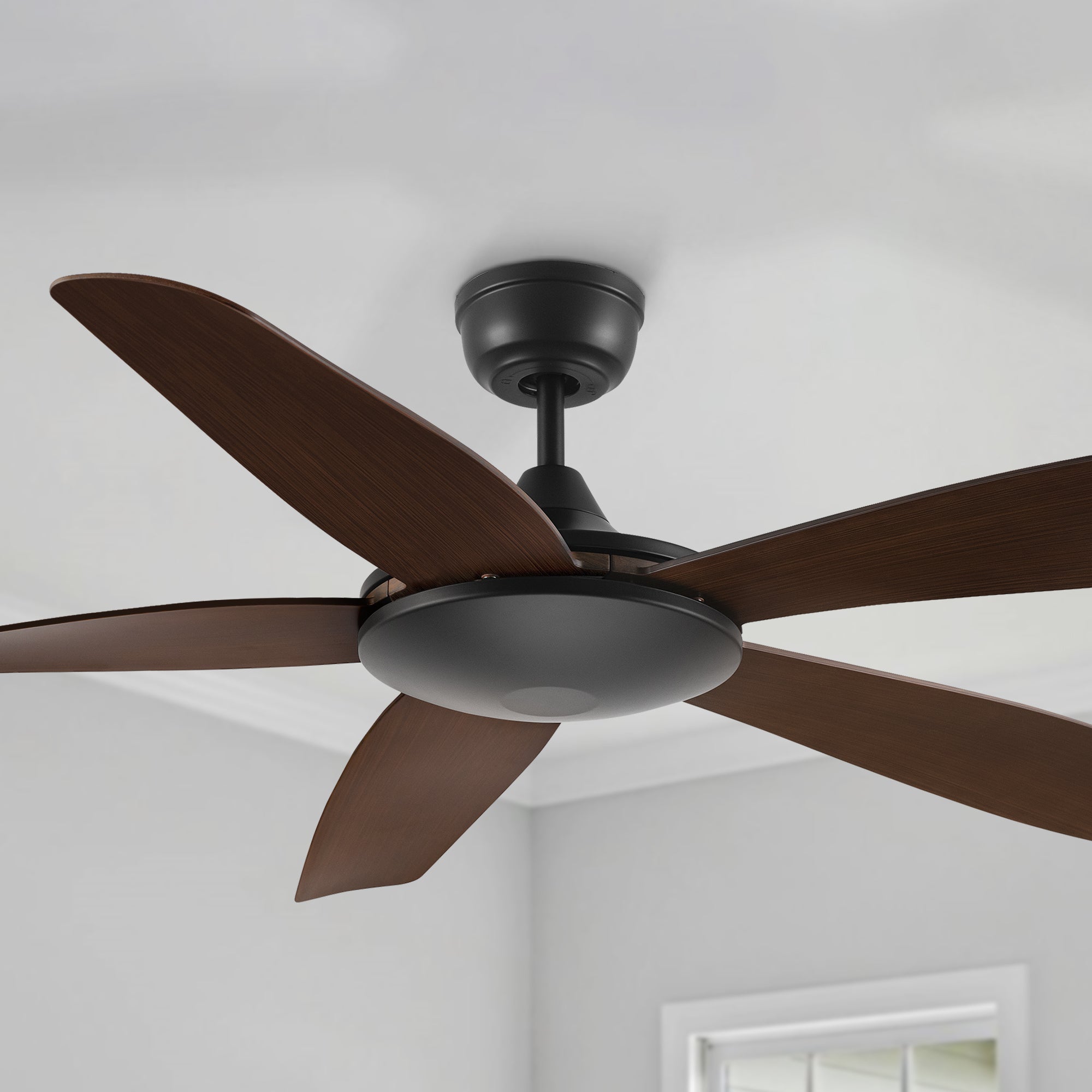 Peridot 52-inch modern smart ceiling fan with remote control and no light, featuring sleek wood blades, suitable for large indoor spaces.