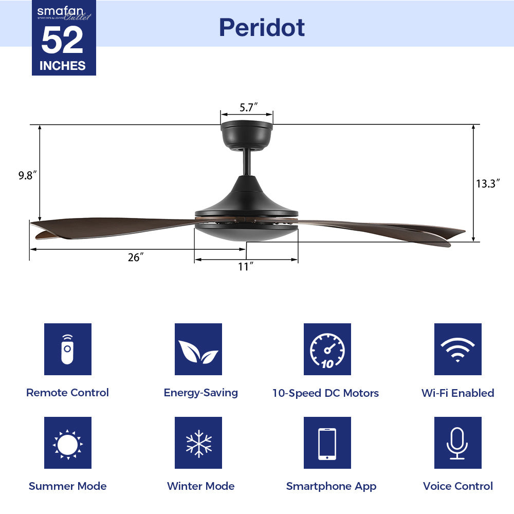 Features of Peridot 52-inch smart ceiling fan without light, including energy savings, 10-speed DC motor, smartphone app control, and summer/winter mode.