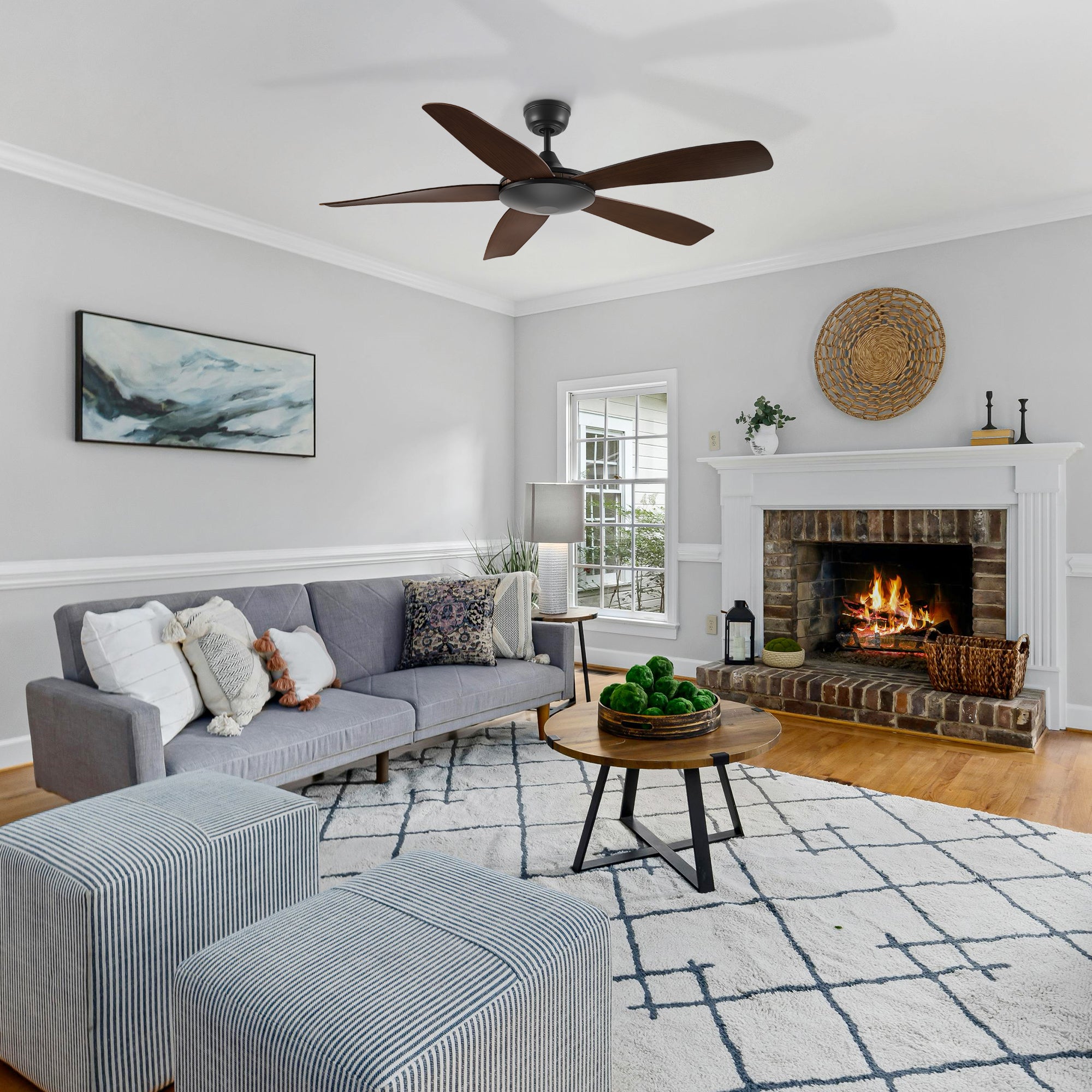 Peridot 52-inch smart ceiling fan without light in a cozy living room, offering stylish design and optimal airflow for indoor spaces.