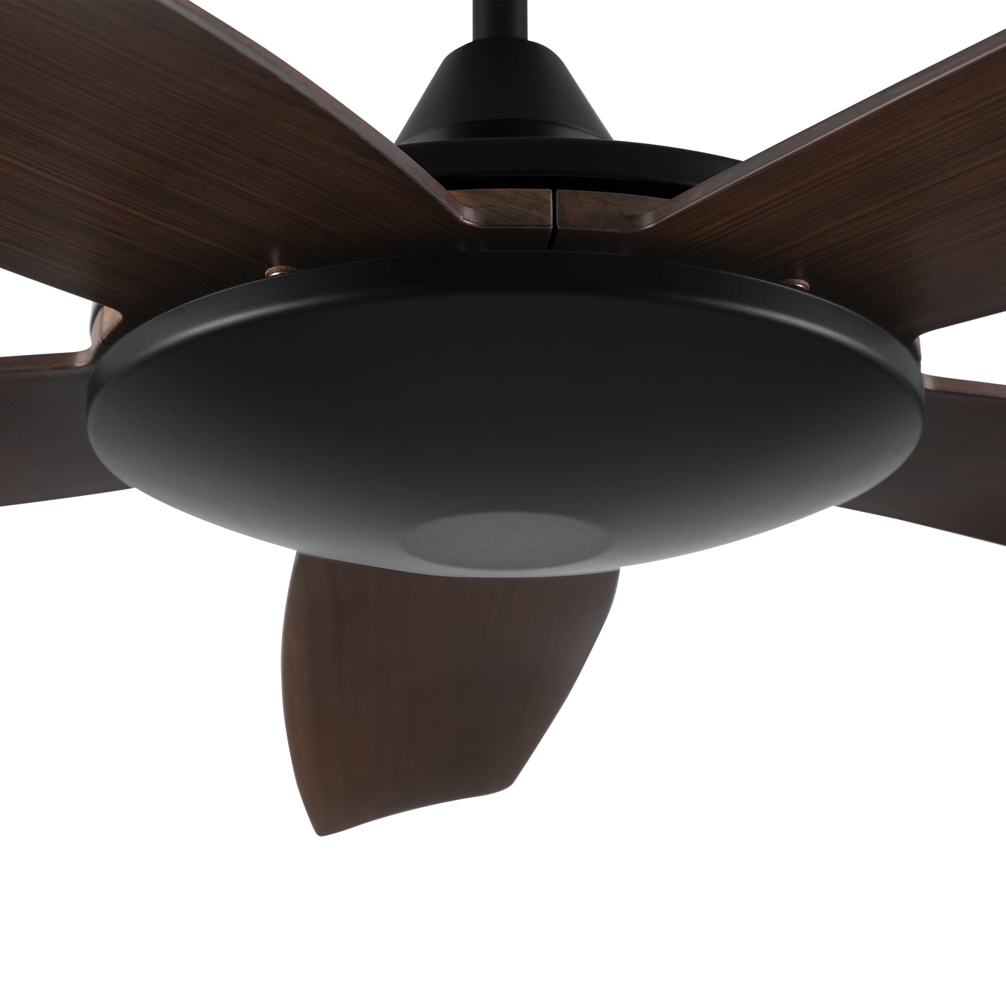 Close-up view of the Peridot 52-inch ceiling fan without light, showcasing its smooth and modern design with detailed blade and motor hub construction.