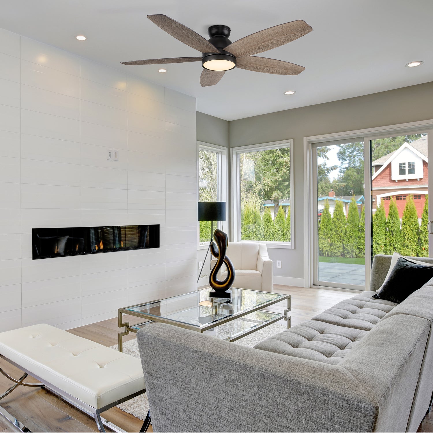 The 52" flush mount fan boasts a simple design with a Black finish, elegant Plywood blades and an integrated 4000K LED cool light. Additionally, the fan comes equipped with a remote control to allow you to easily set your fan preferences.