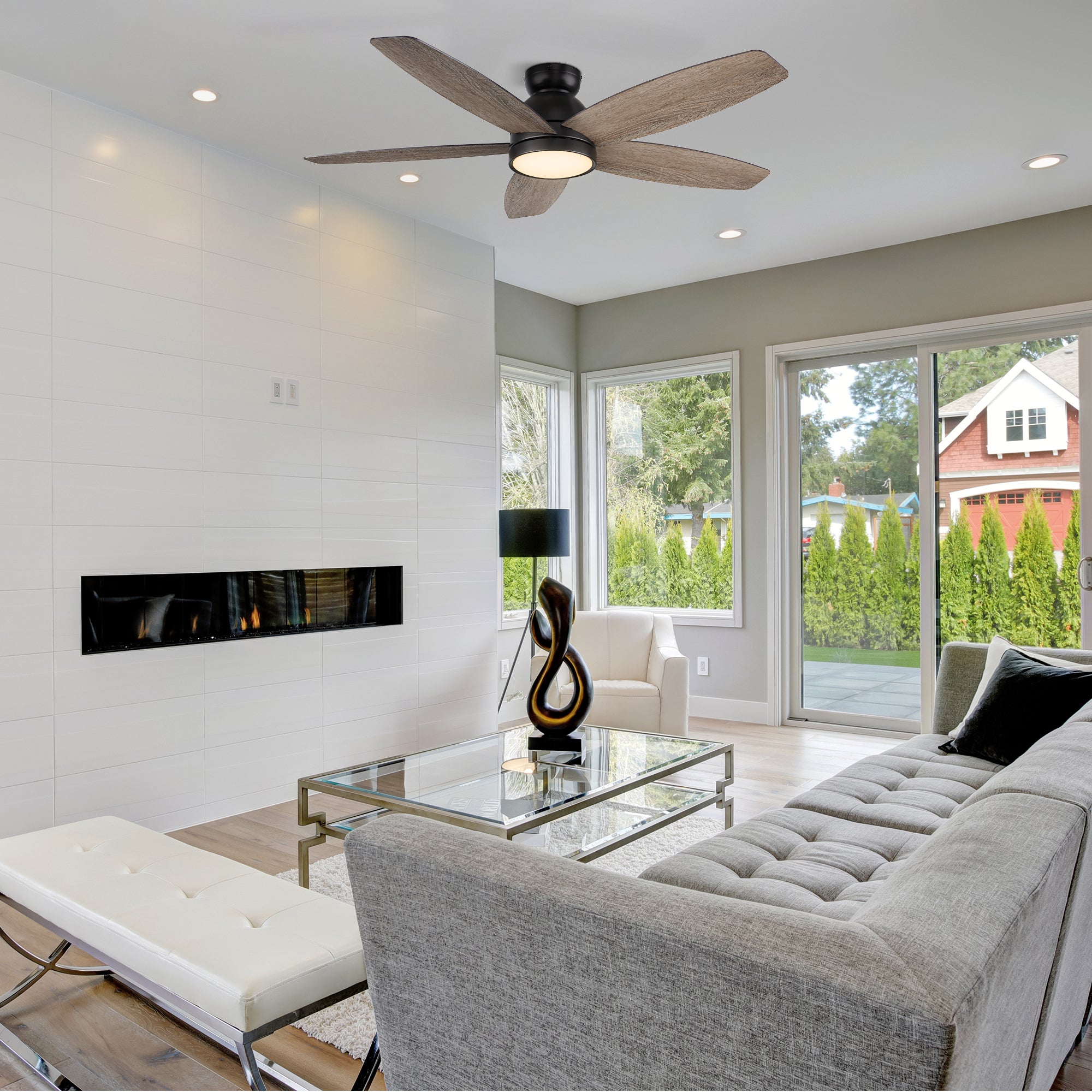 The 52" flush mount fan boasts a simple design with a Black finish, elegant Plywood blades and an integrated 4000K LED cool light. Additionally, the fan comes equipped with a remote control to allow you to easily set your fan preferences.