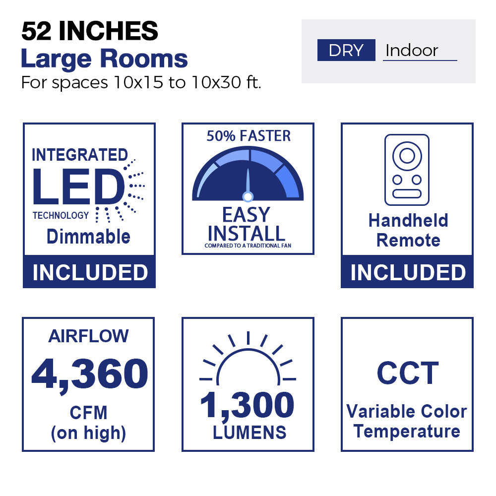 Diagram of a 52-inch ceiling fan designed for large indoor rooms measuring 10x15 to 10x30 feet, specifically for dry environments. The image illustrates a stylized living room layout with furniture, showcasing the fan&