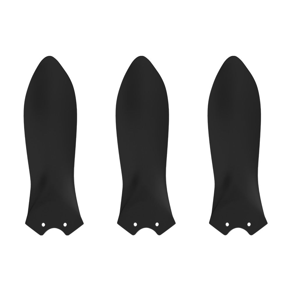Set of three modern matte black aerodynamic ceiling fan blades accessory.