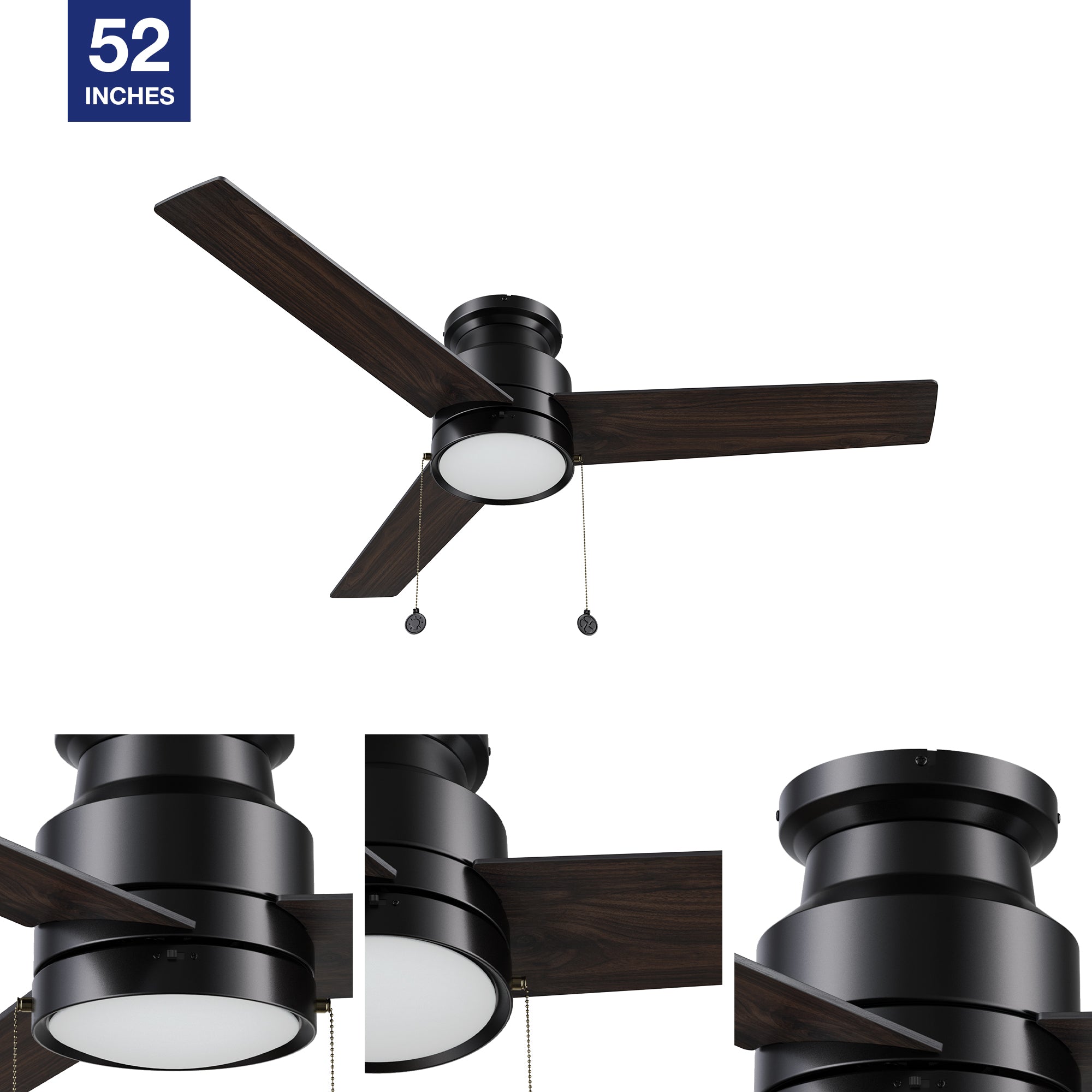 Matt Black low profile ceiling fan with pull chain and high-quality reversible blades