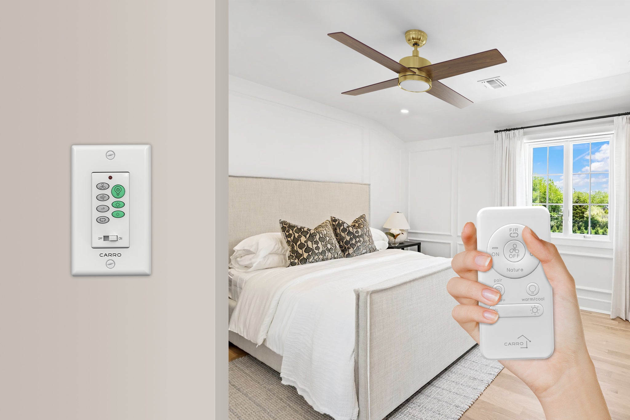 Modern bedroom with Rossendale 52-inch LED ceiling fan featuring gold wood-grain blades, remote and wall controls, and integrated lighting - showcasing minimalist interior design.