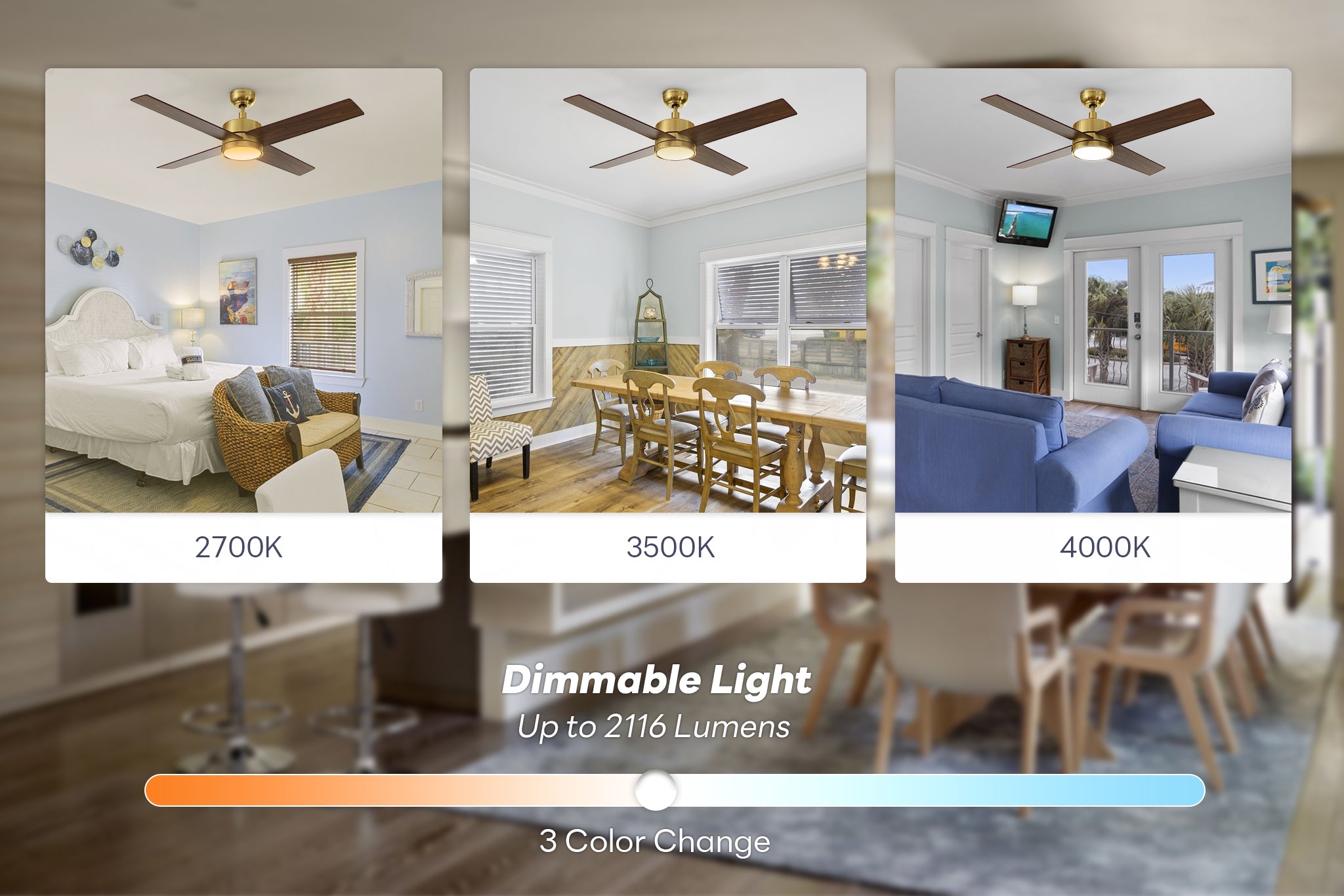 Ceiling fan light with 3 color temperatures (2700K warm white, 3500K natural, 4000K cool white), dimmable up to 2116 lumens for adjustable brightness.