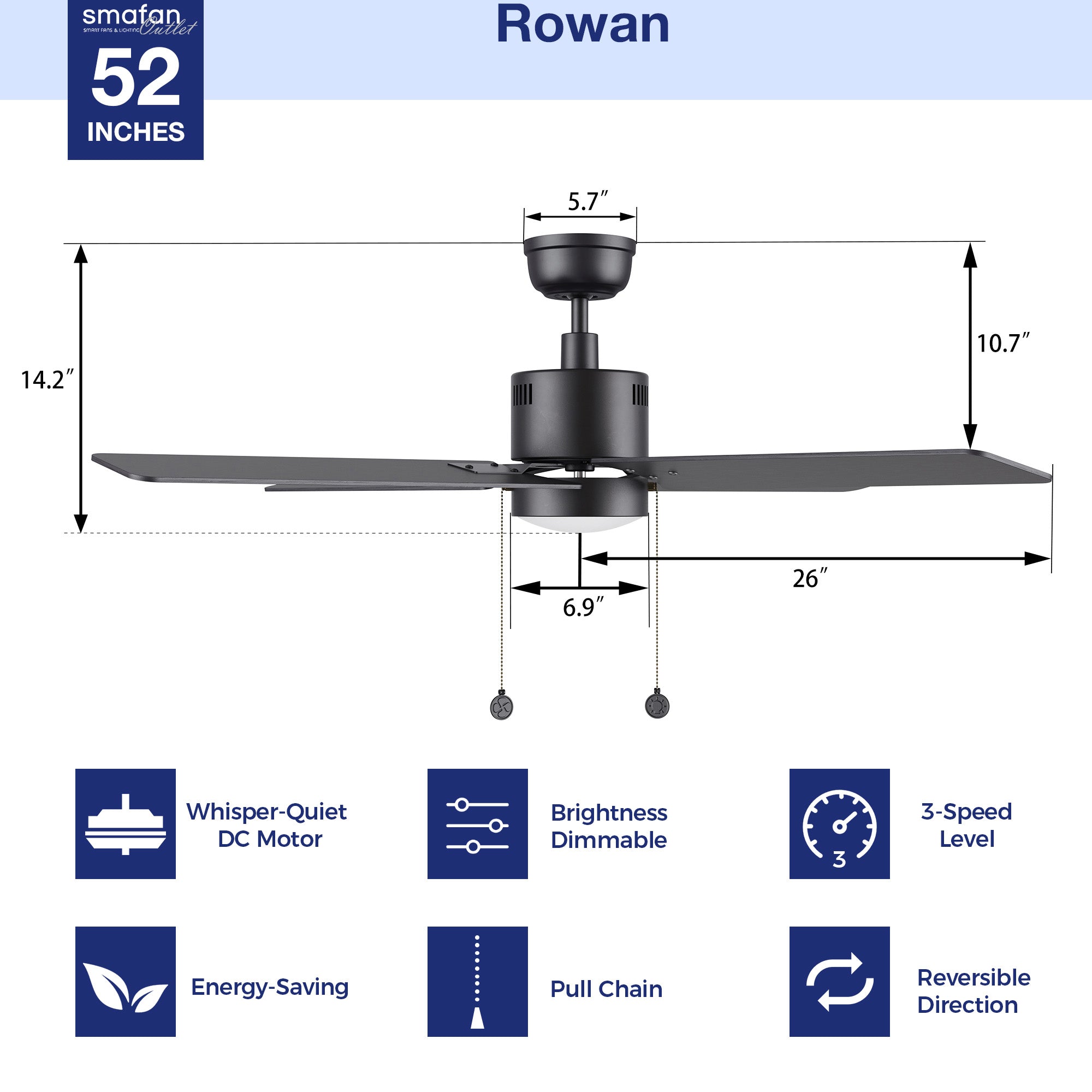 Dimensions and key features of the Rowan 52-inch modern ceiling fan, showcasing size and functional details including pull chain, easy installation, 5-speed DC motor, whisper motor, durable LED light kit, dimmable LED light kit, energy efficient, indoor use, summer mode, winter mode, and wobble-free design.