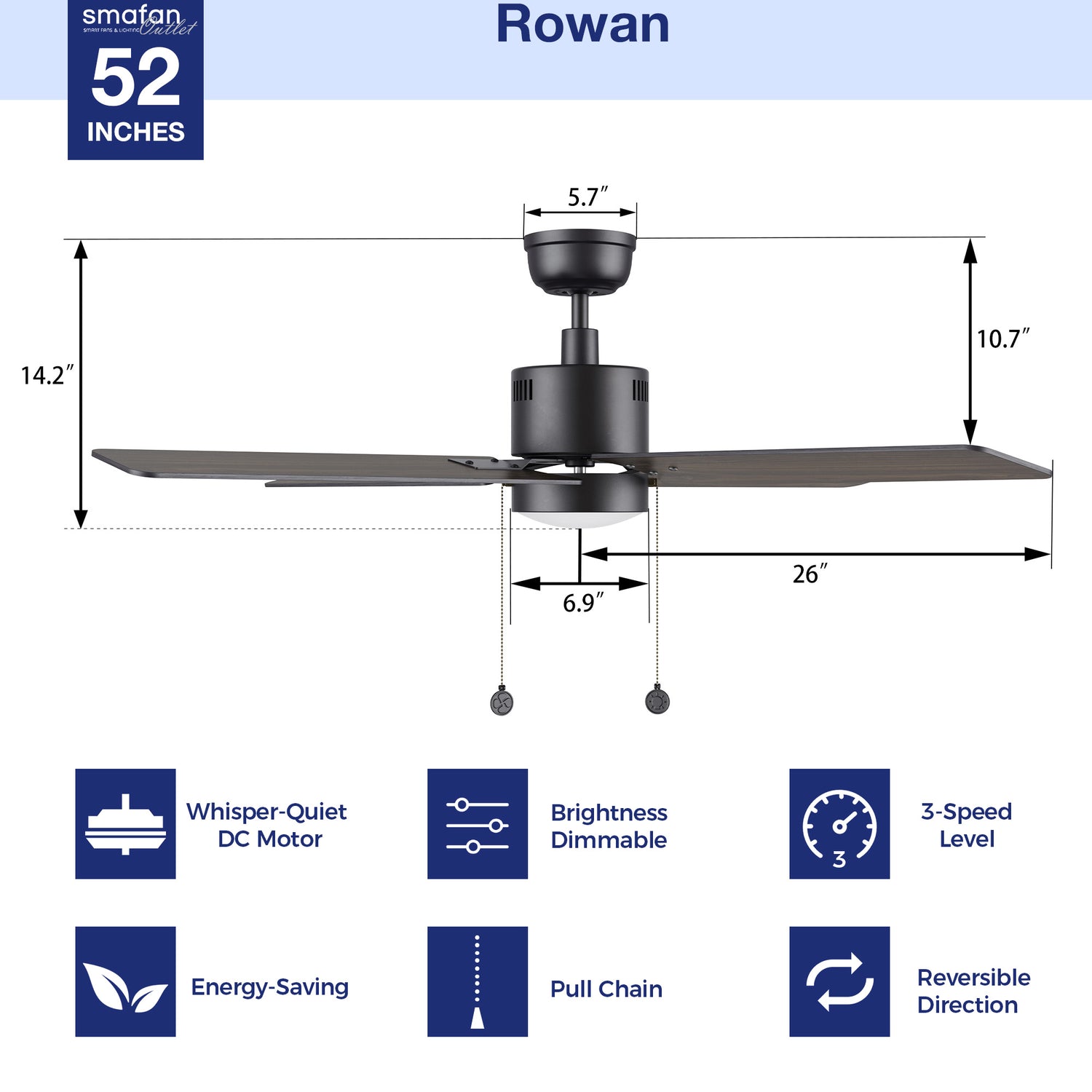 Dimensions and key features of the Rowan 52-inch modern ceiling fan, showcasing size and functional details including pull chain, easy installation, 5-speed DC motor, whisper motor, durable LED light kit, dimmable LED light kit, energy efficient, indoor use, summer mode, winter mode, and wobble-free design.