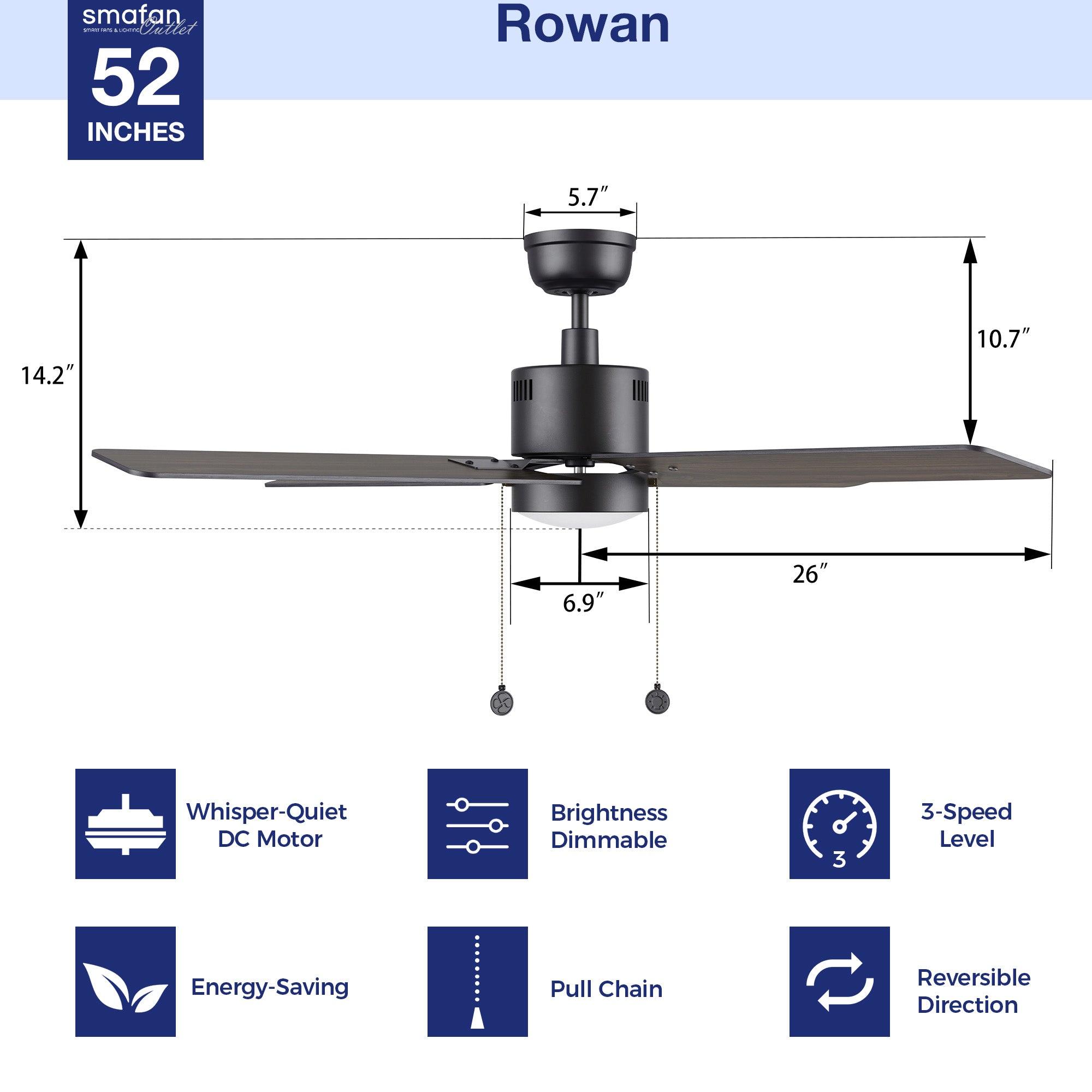 Dimensions and key features of the Rowan 52-inch modern ceiling fan, showcasing size and functional details including pull chain, easy installation, 5-speed DC motor, whisper motor, durable LED light kit, dimmable LED light kit, energy efficient, indoor use, summer mode, winter mode, and wobble-free design.