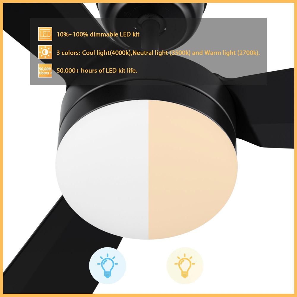 Sahar 52-inch matte black ceiling fan with dimmable LED lighting and remote control, offering warm and cool light options.