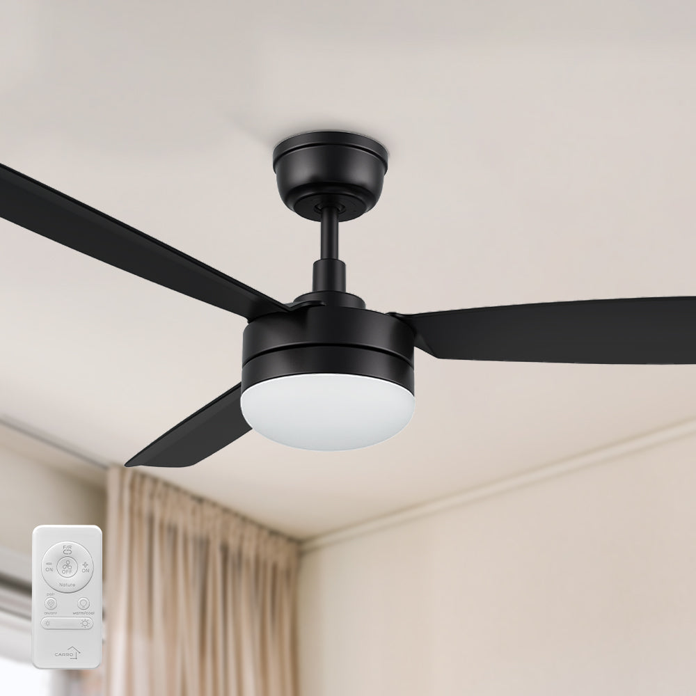 52-inch modern black ceiling fan with integrated dimmable LED light and remote control for easy operation.