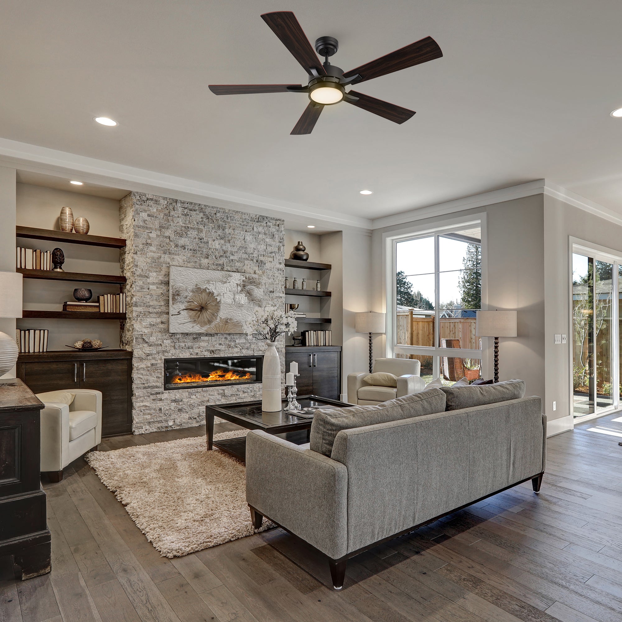 56-inch downrod mounting ceiling fan with dimmable LED light and remote, matching with grey plush sofa and light beige coral velvet carpet, make the living room more modern.