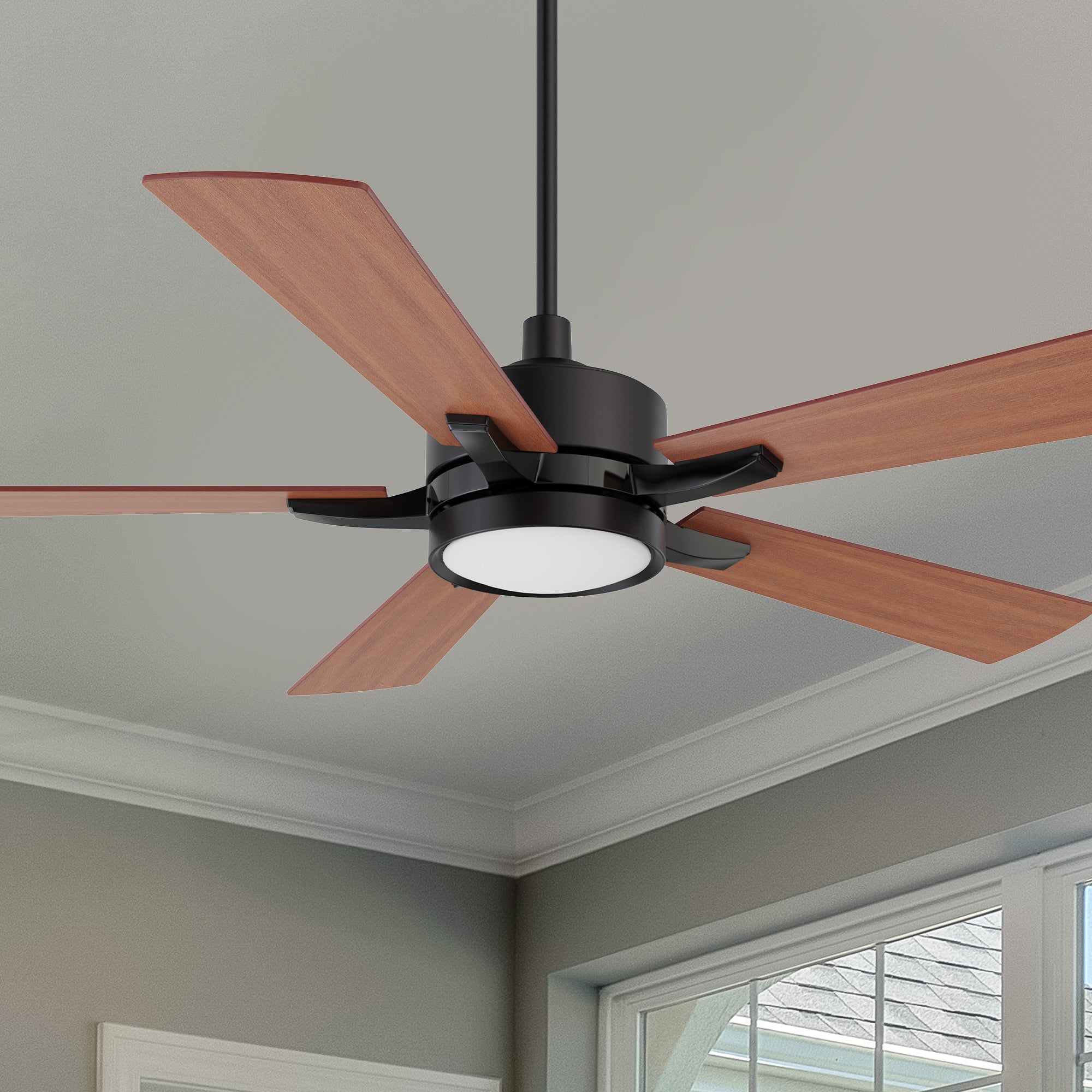 Black downrod mounting ceiling fan with dimmable LED light, featuring with 10-speed quiet dc motor.