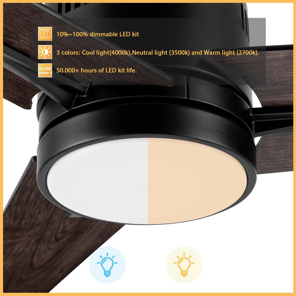 Skobeloff 52-inch ceiling fan with dimmable LED light and remote control, featuring warm and cool light settings for customizable lighting in modern interiors.