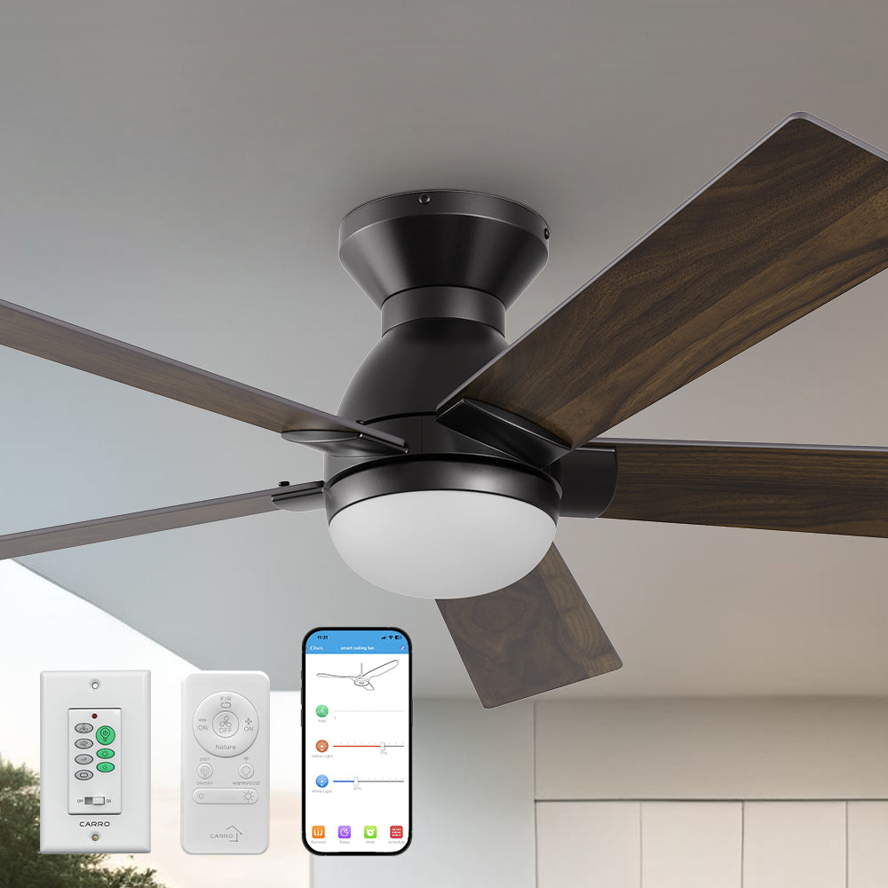 SmaFan Carro Aspen II 52-inch oudoor smart Flush Mount Ceiling Fan with lights, suitable for indoor-outdoor use, featuring a walnut finish in covered porch.
