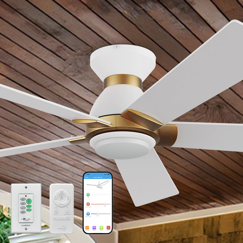 An image of a Carro smart ceiling fan with LED light, featuring white blades and gold accents, mounted on a beige ceiling for efficient airflow and cooling. The ceiling fan is shown with a Carro remote control and a Carro white wall switch, wireless smart operation, compatible with Alexa, ideal for modern indoor settings.