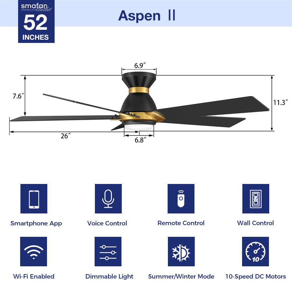 The Aspen flush mount fan features Remote, wall control, Wi-Fi apps, Siri Shortcut and Voice control technology (compatible with Amazon Alexa and Google Home Assistant ) to set fan preferences.