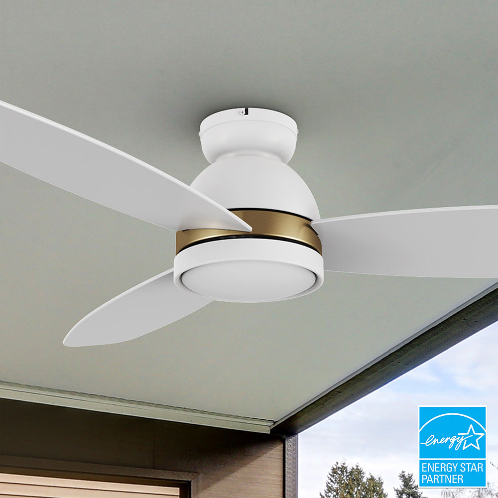 Carro Biscay 52 inch smart outdoor ceiling fan designed with white and gold finish, elegant plywood blades and integrated 4000K LED daylight.