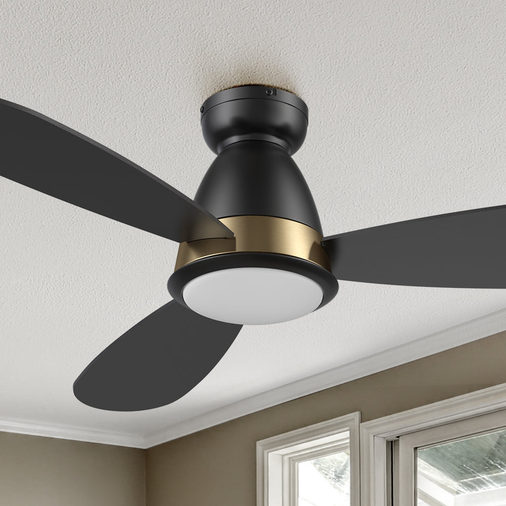 Carro Fayette 52 inch smart ceiling fan with light, flush mount design, black and gold finish, elegant Plywood blades and integrated 4K LED daylight.