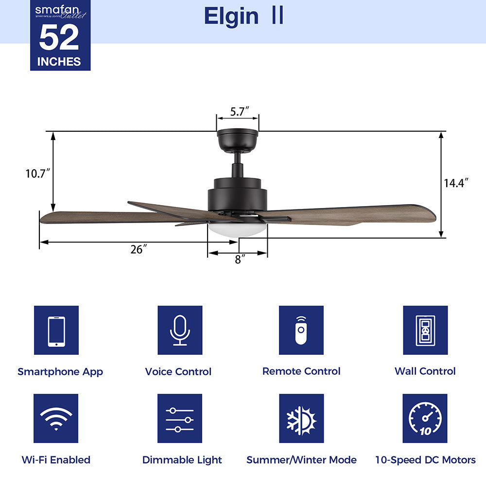 A product image of the SmaFan Elgin2 52-inch outdoor smart ceiling fan in a wood finish, featuring a modern design with five wood-toned blades and an integrated LED light at the center. The fan is accompanied by a remote control placed beside it, highlighting its smart features such as remote operation, Wi-Fi connectivity, and compatibility with Alexa and Google Home, set against a clean white background to emphasize the fan&