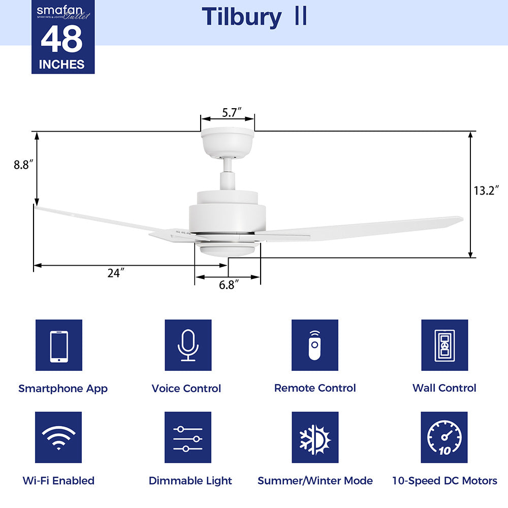 Smafan Tilbury II 48-inch smart ceiling fan in white with dimensions labeled (13.2" height, 24" blade length, 6.8" light width), featuring Wi-Fi app, voice control, remote and wall control, dimmable light, summer/winter mode, and 10-speed DC motor.