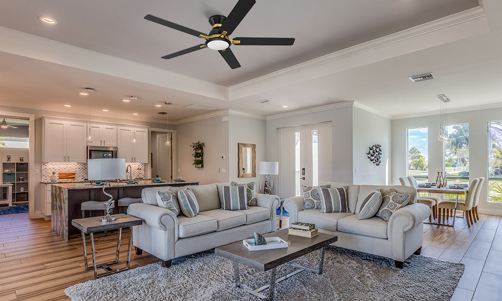 Smafan-Byrness-60-inch-Flush-Mount-Fan-black-and-gold-with-Remote-and-Light-Kit-living-room