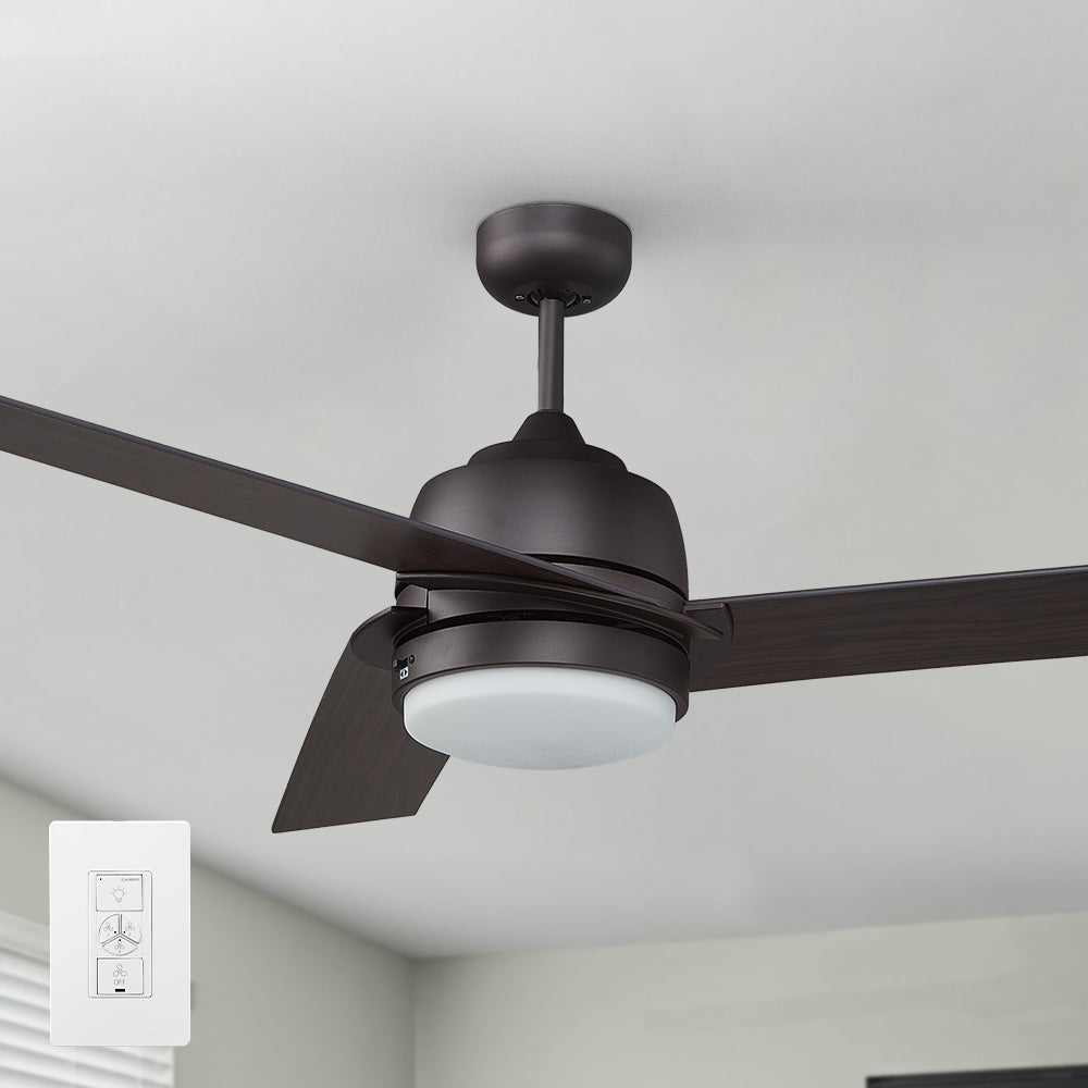 Carro 52 inch Addison indoor ceiling fan with sleek squared blades, a light cover and 6 inch downrod.