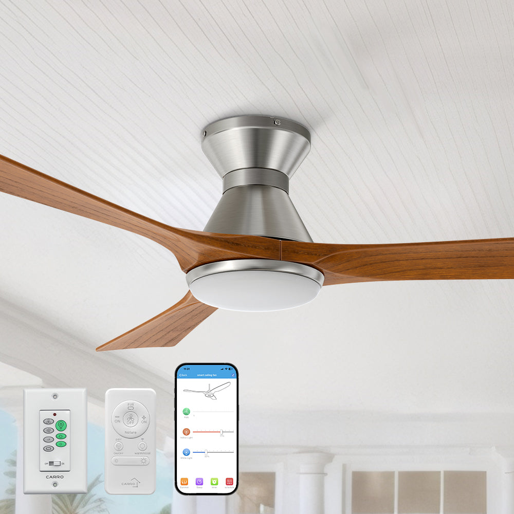 Carro Antrim 52 inch smart ceiling fan with light, remote, and wall switch, designs with silver finish, use elegant solid wood blades and has an integrated 4000K LED daylight.