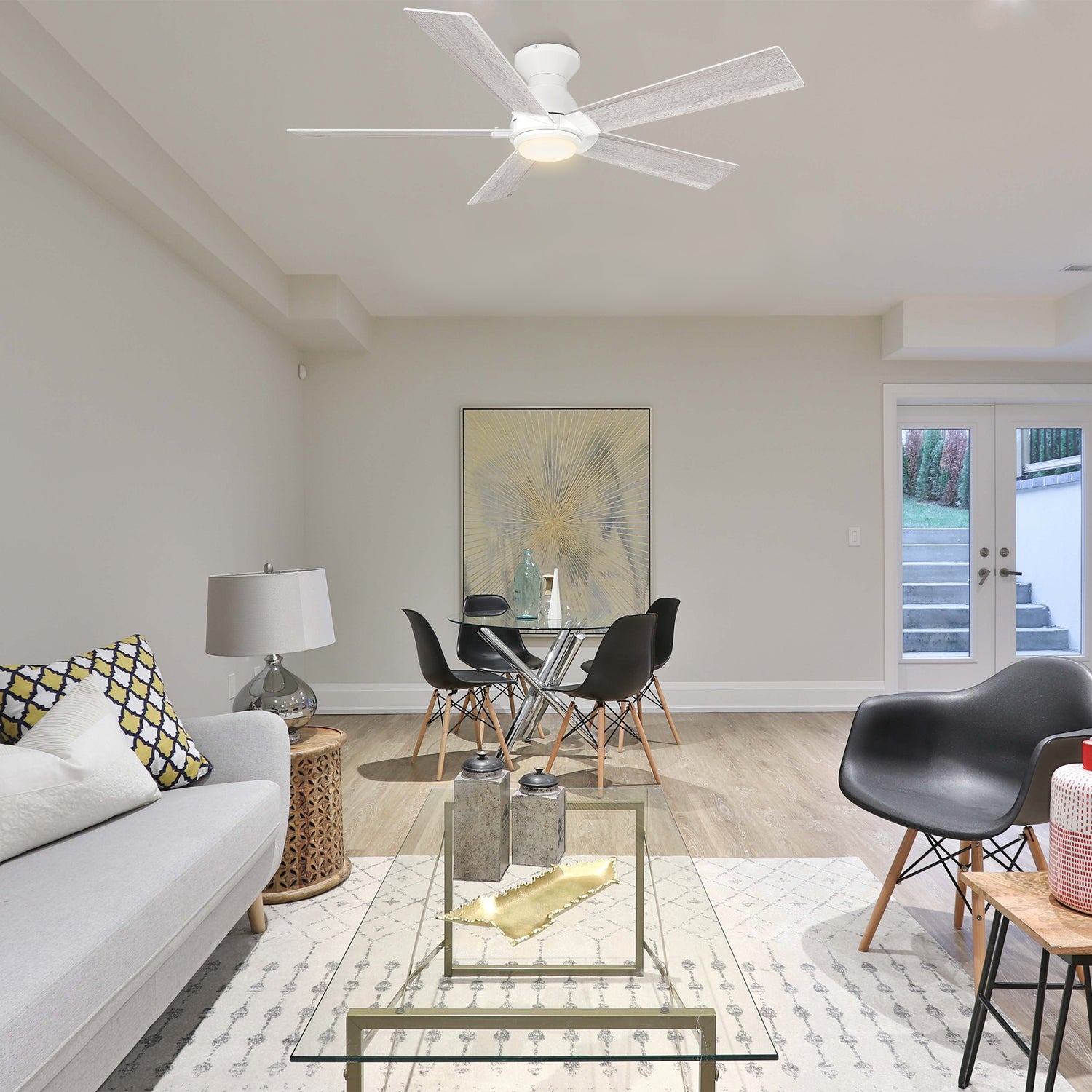 Carro Armoy 52 inch flush mount remote control ceiling fan with light, 5 blades, light wood design, decor in a livingroom.