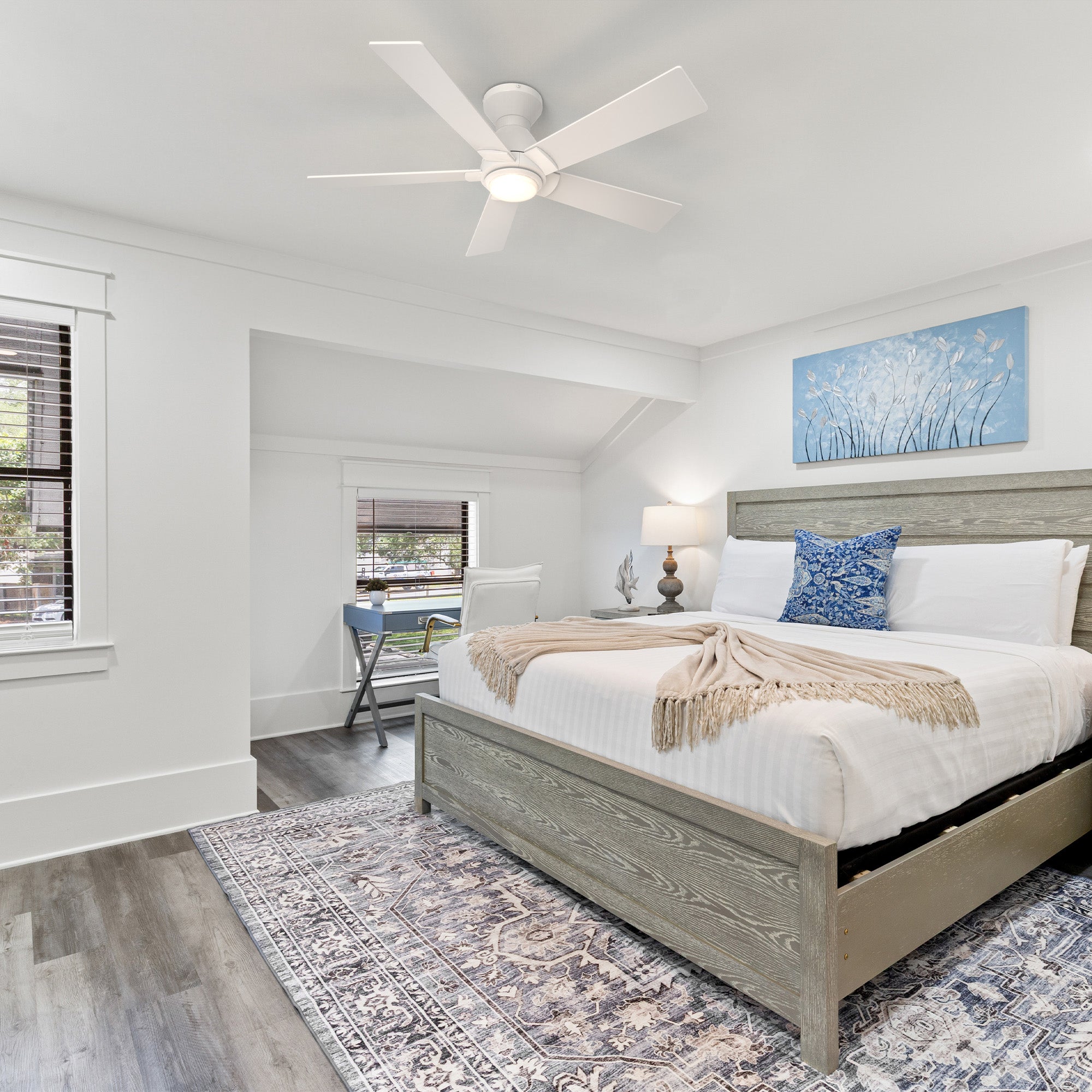 Carro Armoy 52 inch flush mount remote control ceiling fan with light, 5 blades, light wood design, decor in a bedroom.