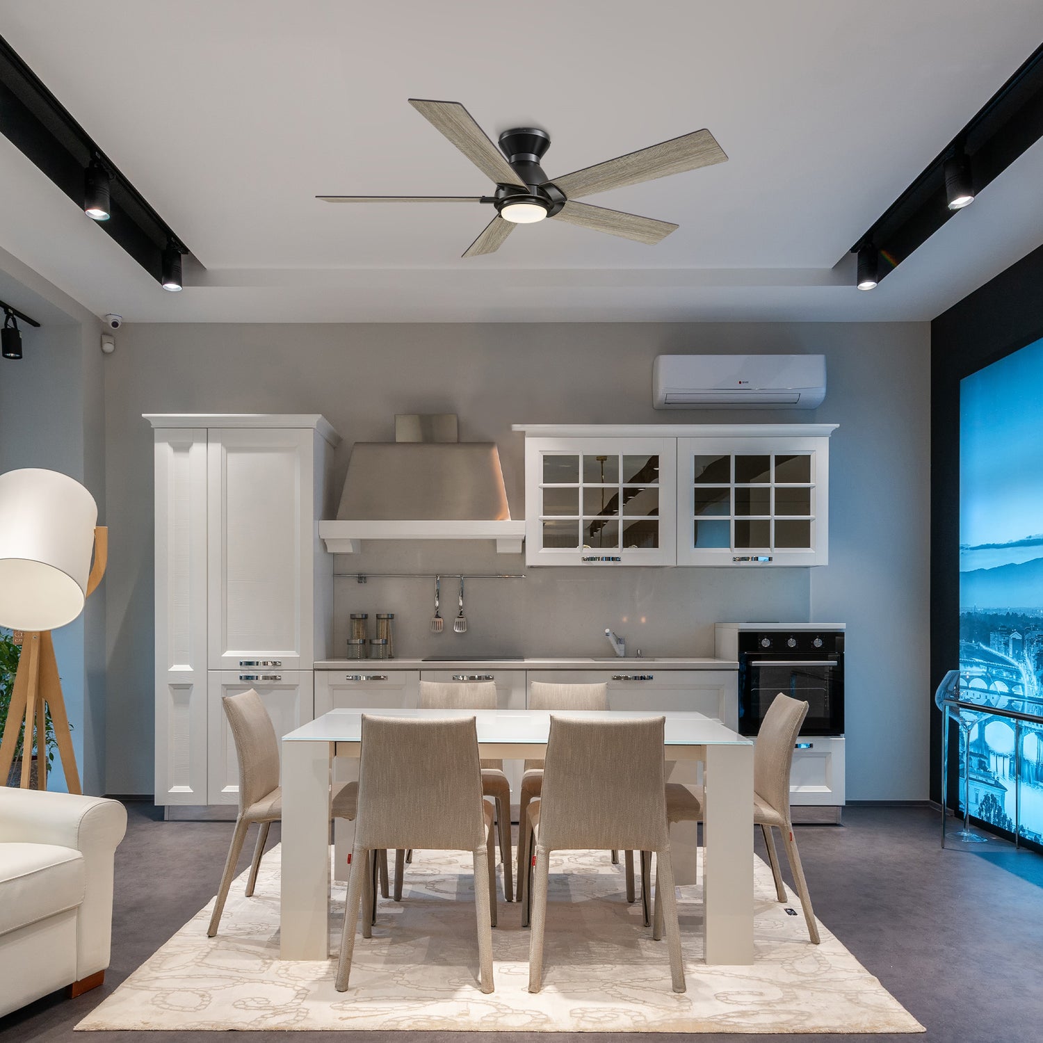 Carro Armoy 52 inch low profile remote control ceiling fan with light, 5 blades, light wood design, installed in dinning room.