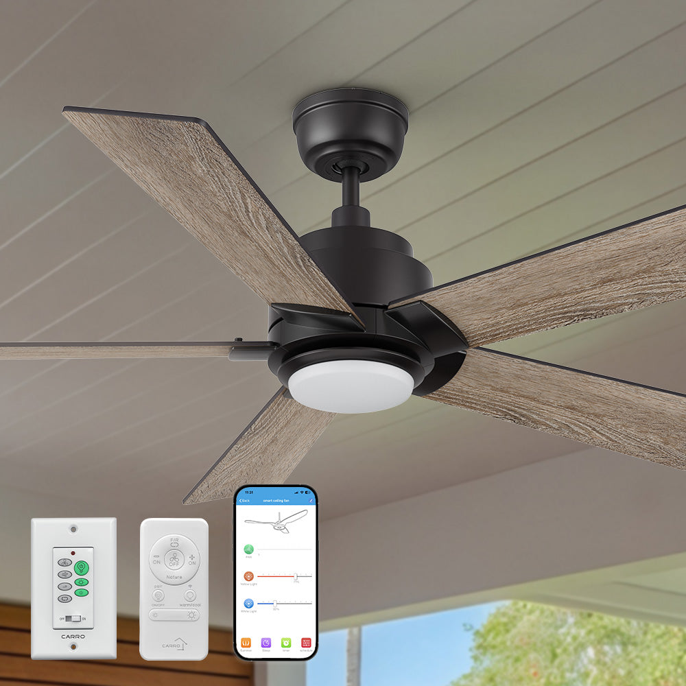 Carro Aspen 48 inch smart ceiling fan with remote and wall control, use elegant Plywood blades and has an integrated 4000K LED cool light.