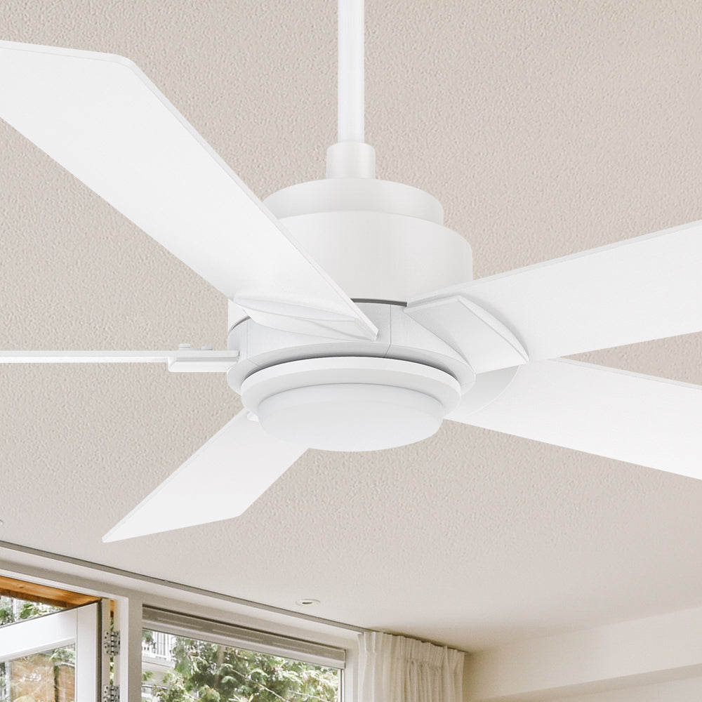 Carro Aspen 56 inch smart ceiling fan with White finish, use elegant Plywood blades and has an integrated 4000K LED cool light.