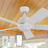 Smafan Carro Aspen 48-inch Smart Outdoor Ceiling Fan with LED light, featuring white blades, mounted on a gray ceiling for efficient airflow and cooling.  The ceiling fan is shown with a Carro white wall switch, a handheld remote, and a smartphone displaying a control app, highlighting smart operation for customizable lighting and cooling in indoor or outdoor settings.