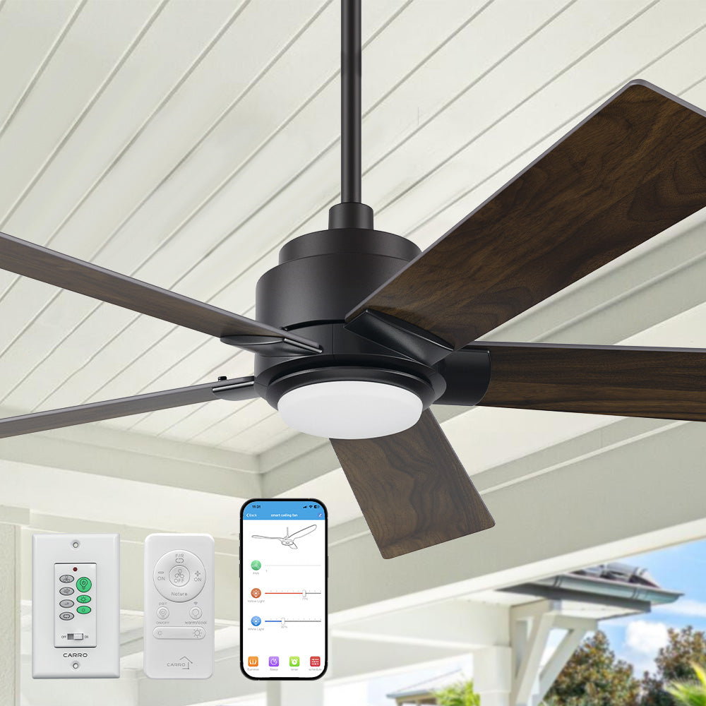 Smafan Carro Aspen 52 inch smart outdoor ceiling fan with LED light kit and 6-in downrod, dark wood design.