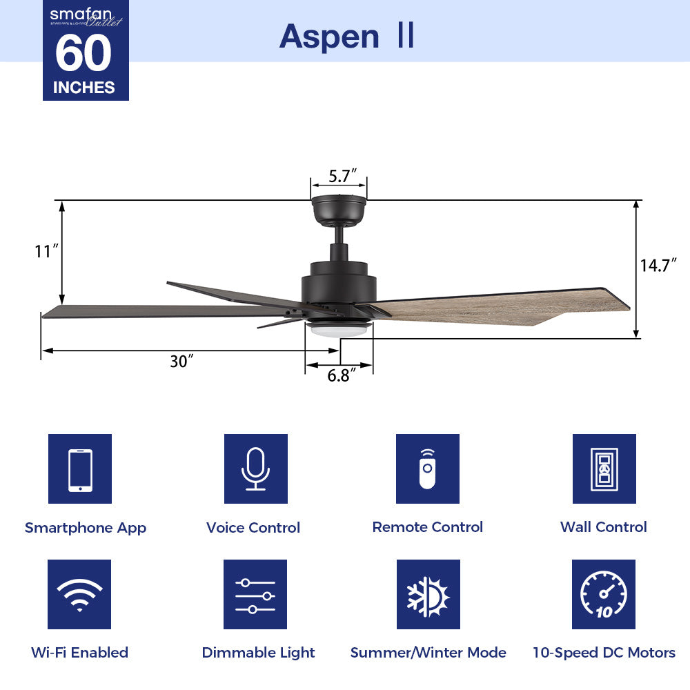 Diagram of the 60-inch Aspen smart ceiling fan in matte black, showcasing dimensions, including a blade span of 30 inches, a height of 14.7 inches, and advanced features like a 10-speed DC motor, Wi-Fi compatibility, voice control, dimmable LED light, summer/winter mode, smartphone app integration, remote control, and wall control.